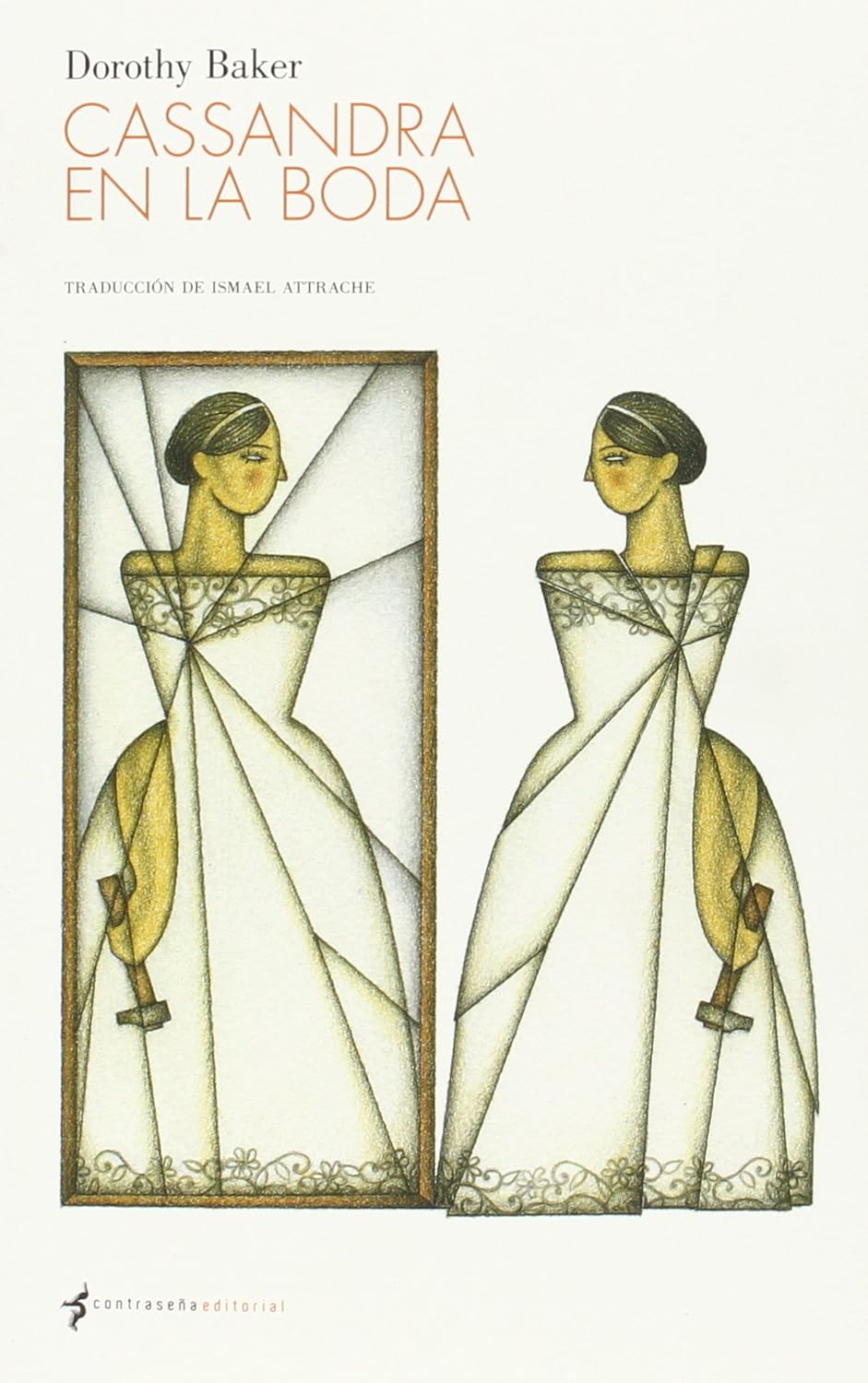 La ilustración de la portada muestra a una mujer con vestido de novia blanco fragmentado como si estuviera reflejado en un espejo roto. A la izquierda, su figura aparece dentro de un marco rectangular; a la derecha, la misma mujer se encuentra fuera del marco. Ambas sostienen un martillo oscuro en la mano y llevan el cabello recogido.