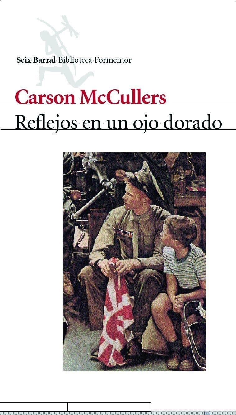 Sobre un fondo blanco aparecen el nombre de la editorial en la parte superior, el de la autora en letras rojas y el título en grandes letras negras. En el centro se muestra un recorte de la pintura Homecoming Marine (1945), de Norman Rockwell: un joven marine uniformado, sentado junto a un niño, sostiene una bandera japonesa mientras ambos miran hacia la izquierda en el interior de un taller mecánico. En la parte superior izquierda se aprecia una silueta azul difuminada de una figura humana, característica del diseño de la colección.